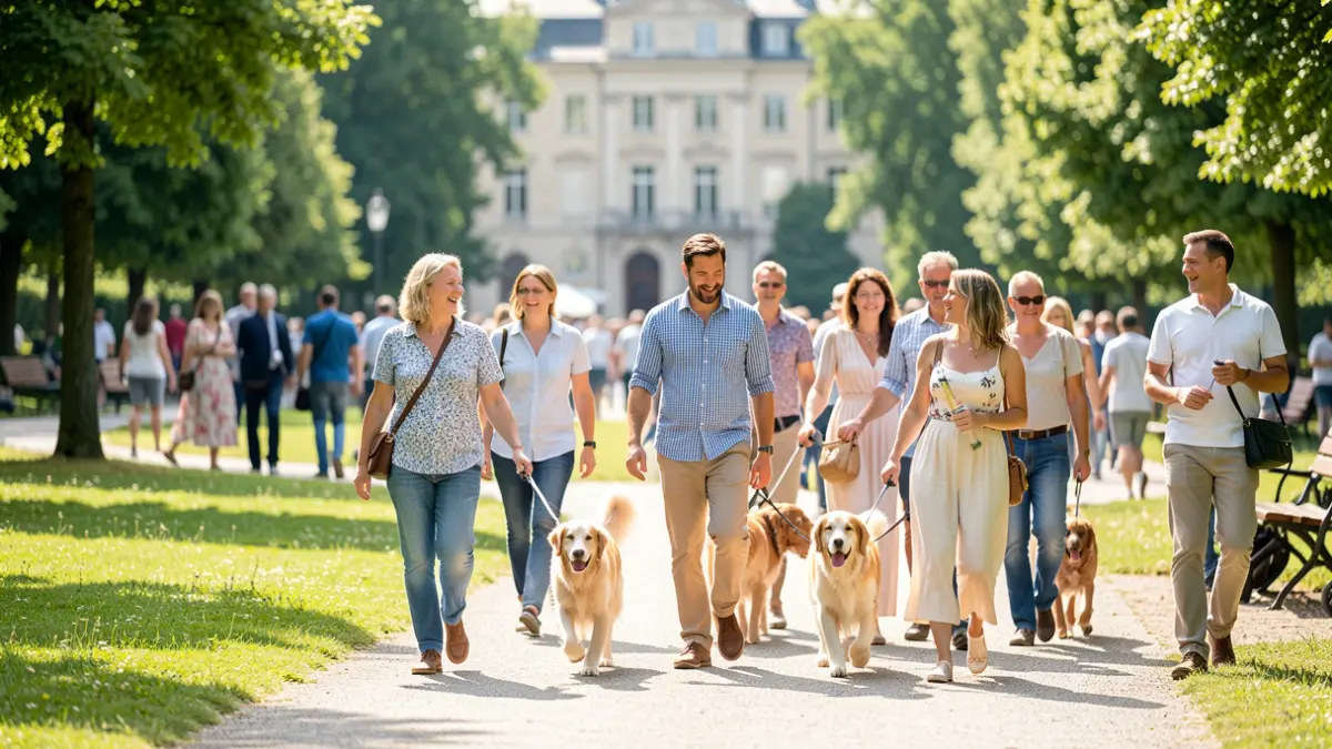 Imagem genérica de pessoas e cães a passear num parque num dia de sol.