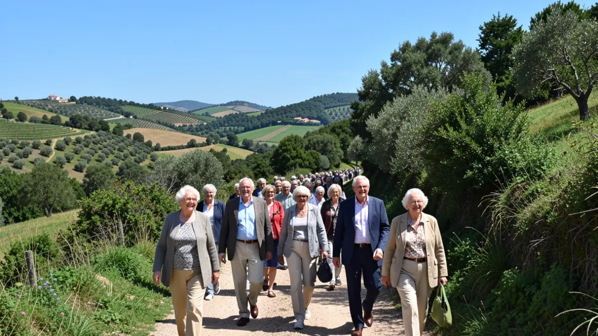 Imagen de un grupo de personas mayores caminando en un paisaje natural portugués, promoviendo el envejecimiento activo.