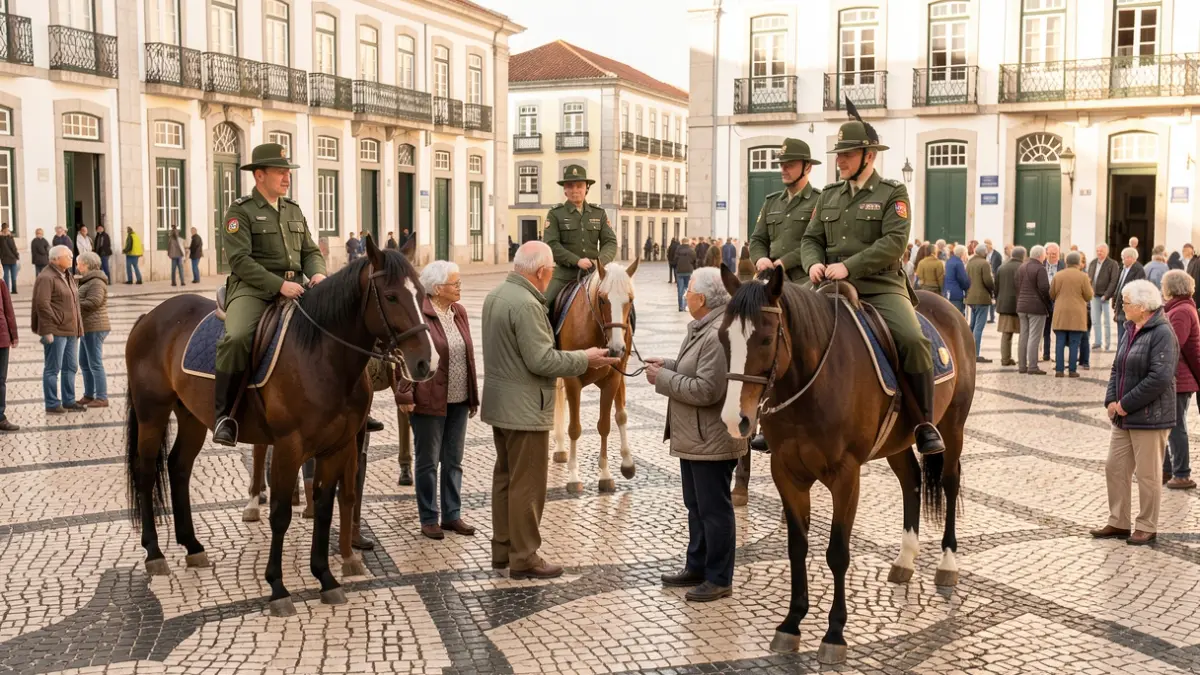 Imagem de seniores a interagir com militares da GNR e cavalos numa praça pública em Albufeira.