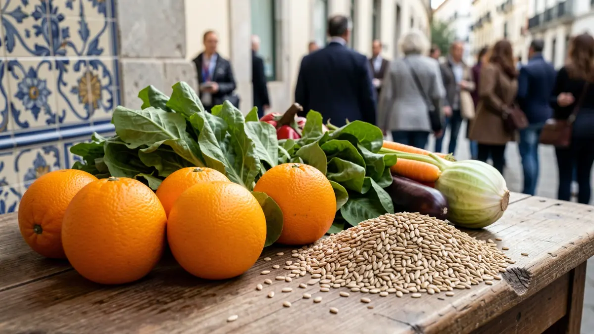 Imagen genérica de frutas y verduras frescas dispuestas sobre una mesa de madera rústica, con luz natural.