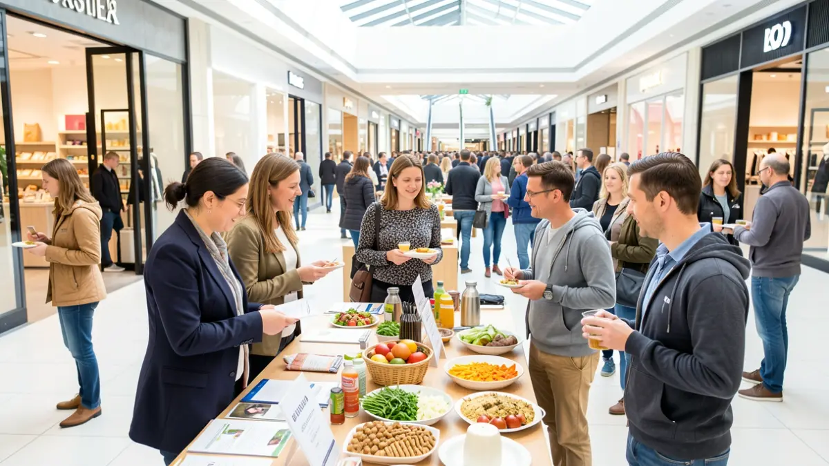 Equipa de nutrição a promover escolhas alimentares saudáveis num centro comercial.