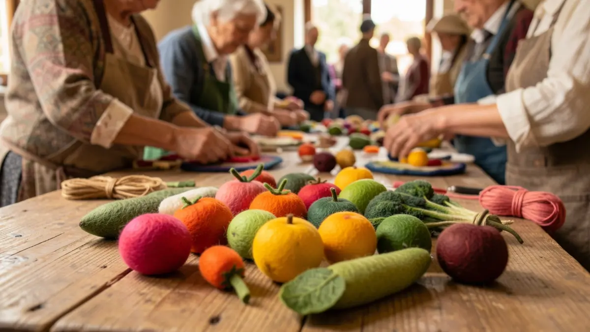 Imagen genérica de frutas y verduras de fieltro creadas por personas mayores, con manos trabajando en artesanía al fondo.