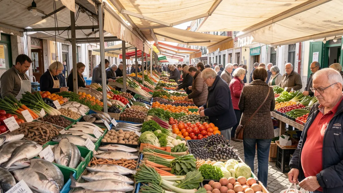 Generic image of a Portuguese market featuring fresh fish, vegetables, and legumes.