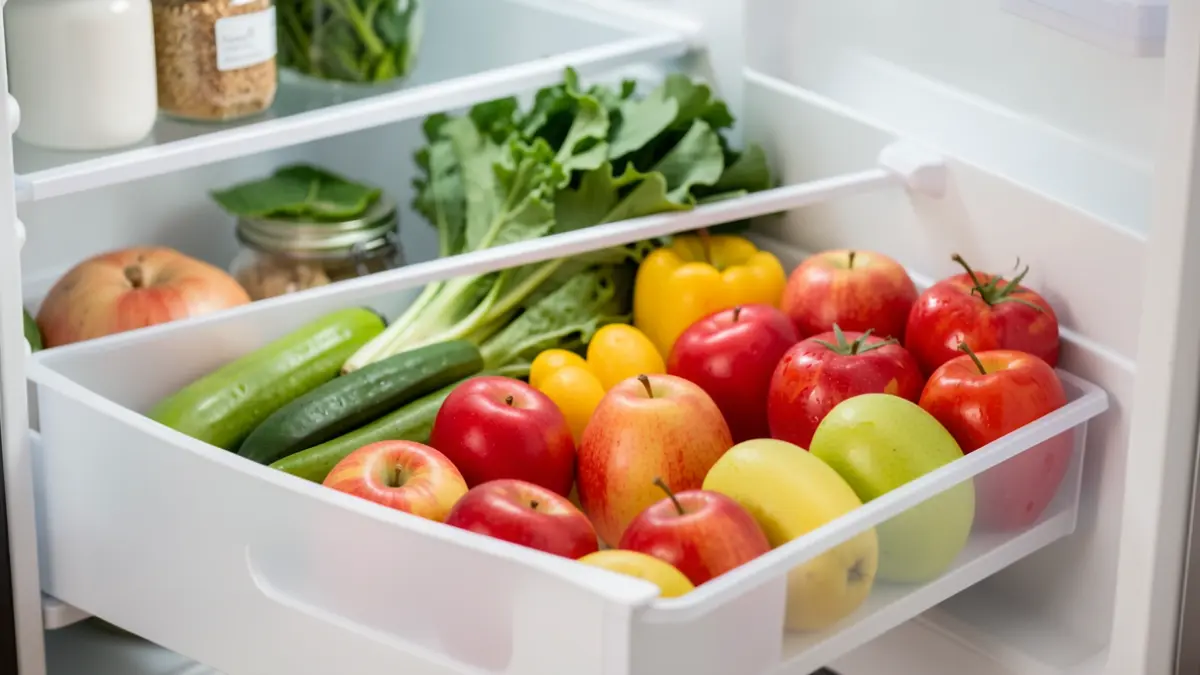 Generic image of vegetables and fruits organized in a refrigerator, focusing on reducing food waste.