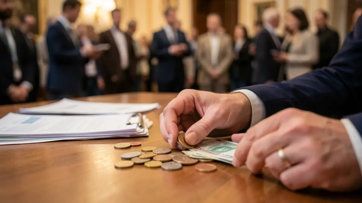 Imagem genérica de mãos a organizar moedas e notas sobre uma secretária de madeira, com documentos financeiros desfocados ao fundo.