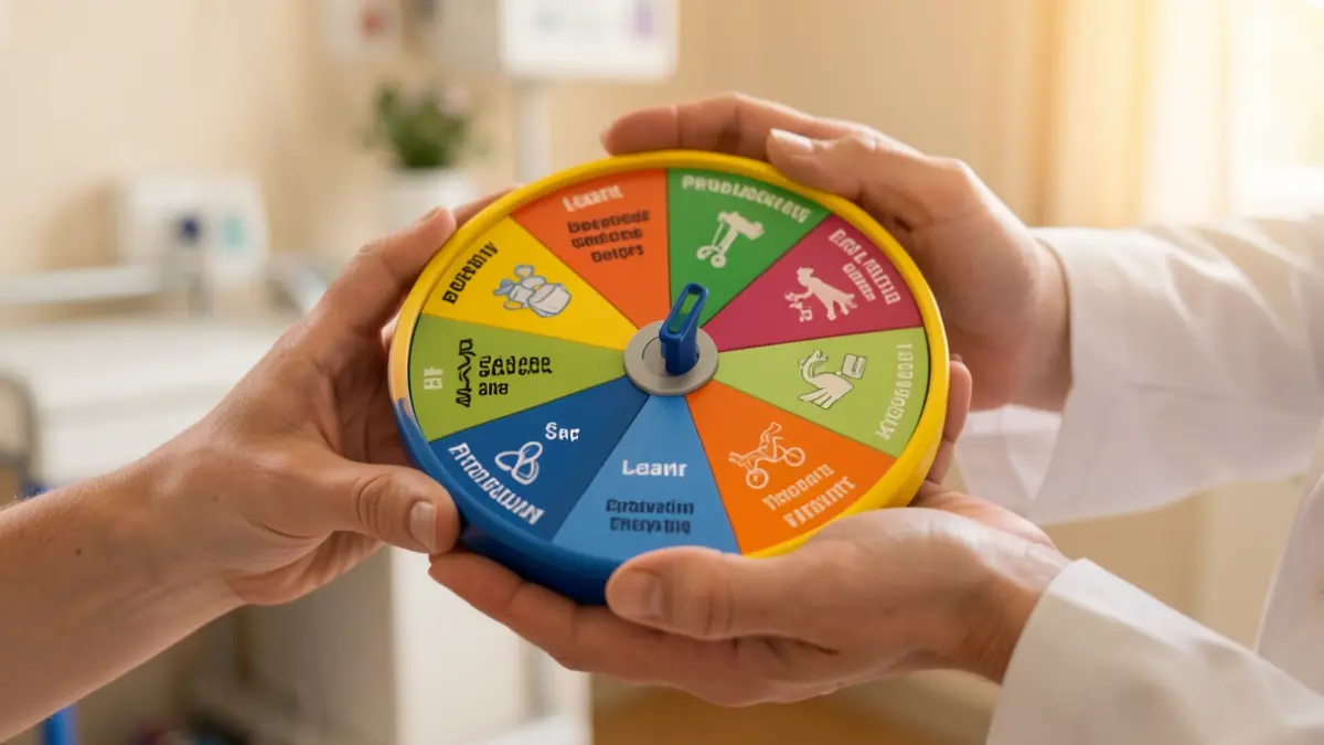 Generic image of an occupational therapy wheel showing self-care, productivity, and leisure activities, in a hospital setting.