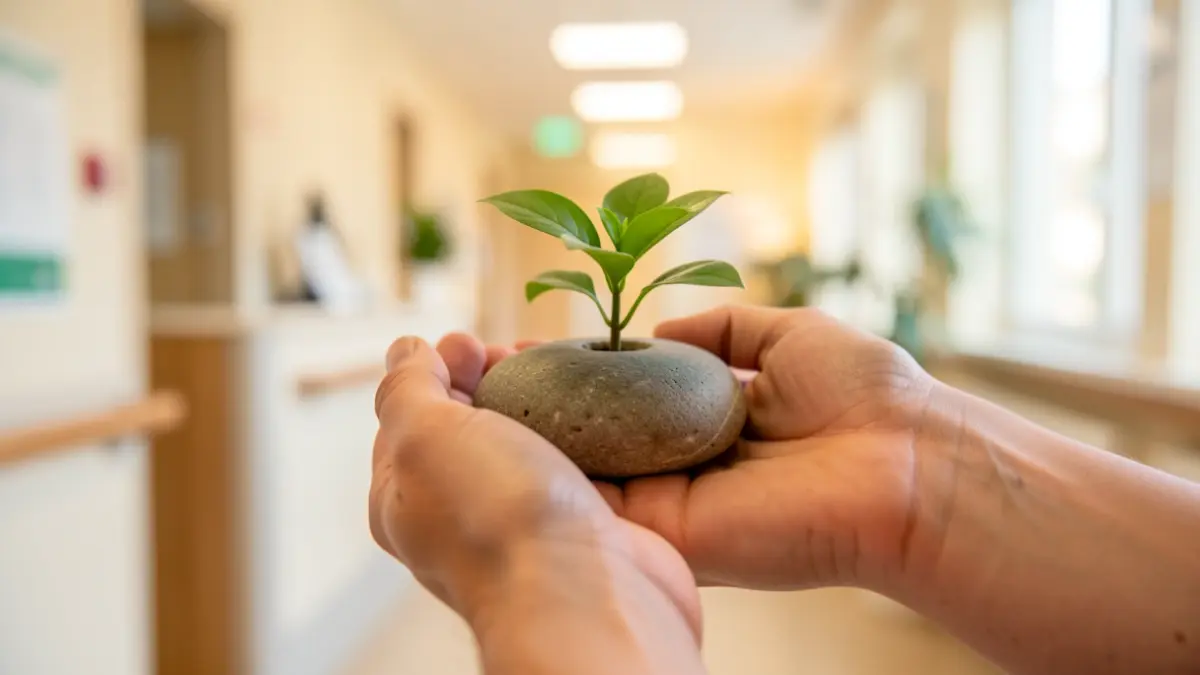 Generic image of hands holding a symbolic object of therapy and well-being, with a blurred background of a healthcare facility interior.