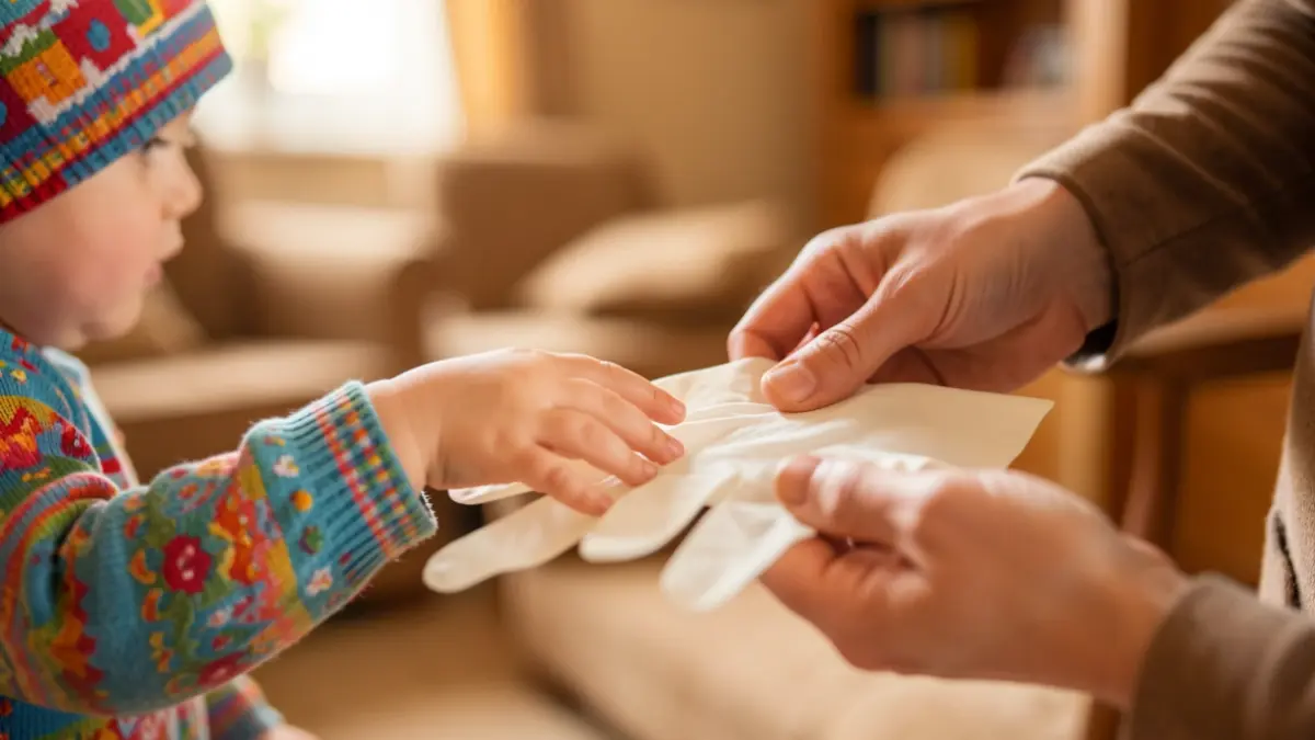 Child and adult hands wearing a hat, symbolizing pediatric care.