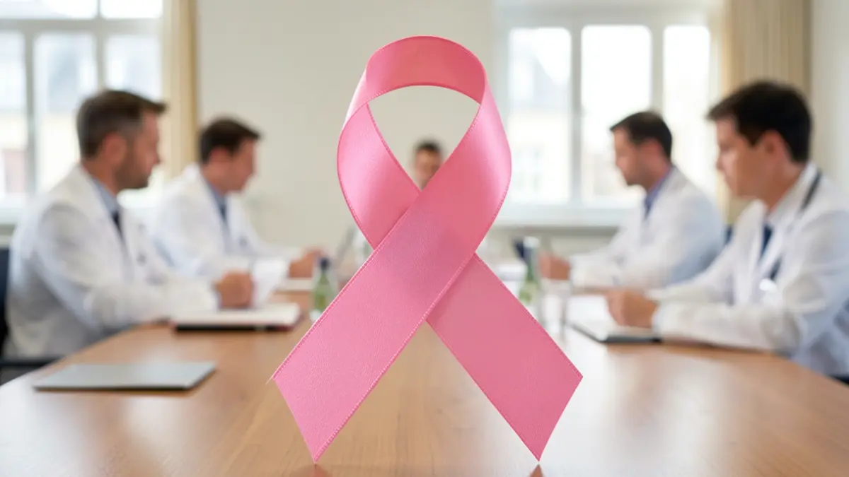 Generic image of a pink ribbon for breast cancer awareness with blurred healthcare professionals in the background.