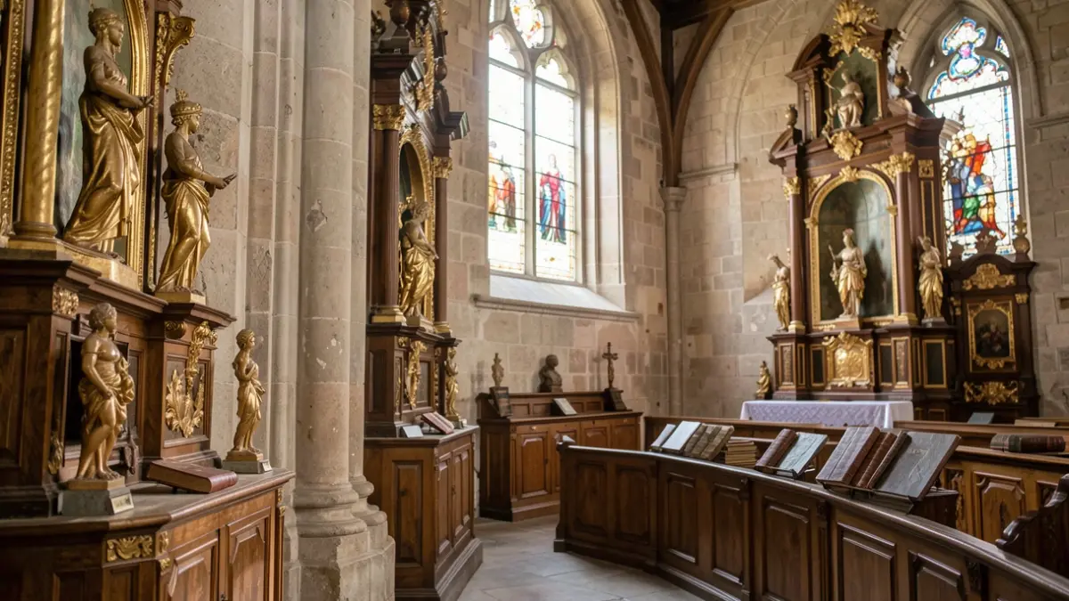 Imagem genérica de arte sacra em Portugal, com esculturas antigas e livros históricos em destaque.