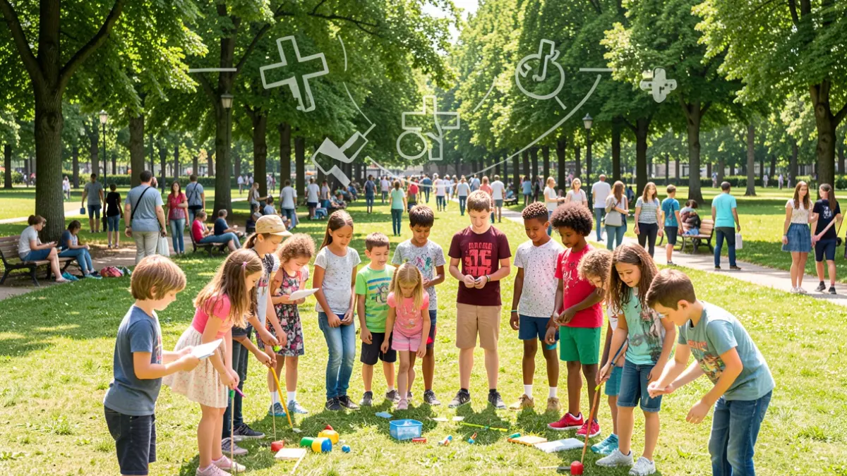 Crianças e jovens a participar numa atividade educativa ao ar livre num parque.