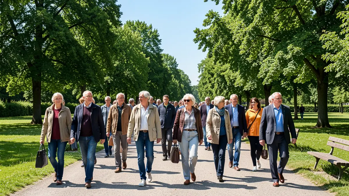 Imagem genérica de um grupo de pessoas a caminhar num parque soalheiro, promovendo a atividade física.