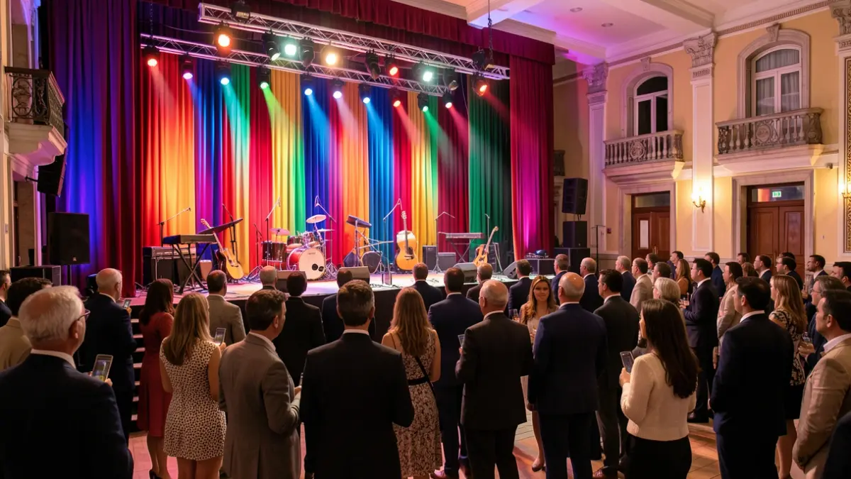 Palco de espetáculo de revista com cortinas coloridas e holofotes, evocando alegria e música.