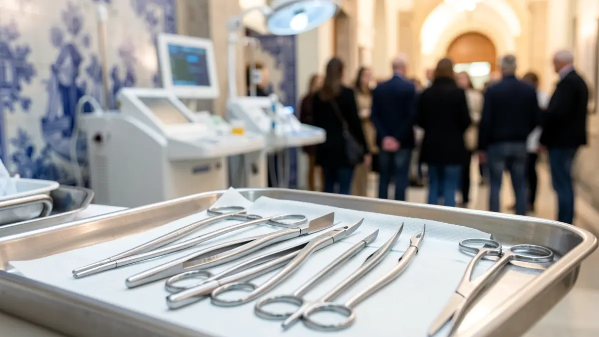Imagen genérica de instrumentos quirúrgicos en una bandeja esterilizada, con equipo médico desenfocado al fondo.