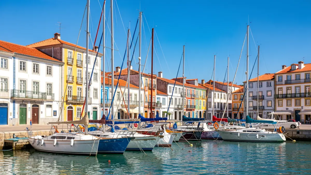 Vista de la Marina de Vila do Conde con barcos atracados y arquitectura tradicional portuguesa.