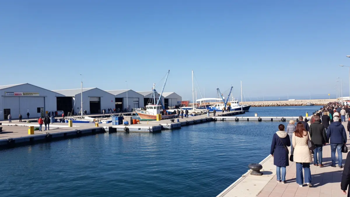 Imagem de um porto de pesca moderno em Portugal com novos cais flutuantes e armazéns.