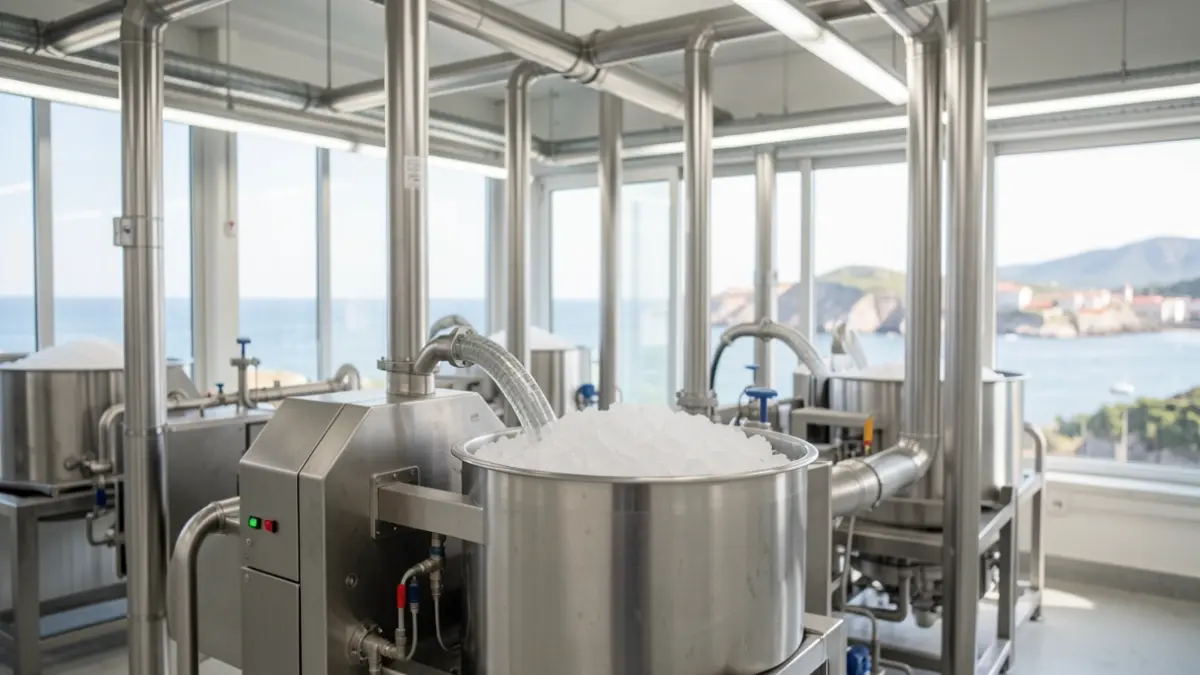 Imagem genérica de geradores de gelo industrial em fábrica moderna.