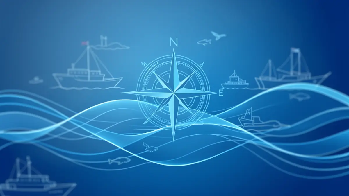 Imagem genérica de ondas estilizadas, uma rosa dos ventos e contornos de navios e vida marinha, num fundo azul degradê.