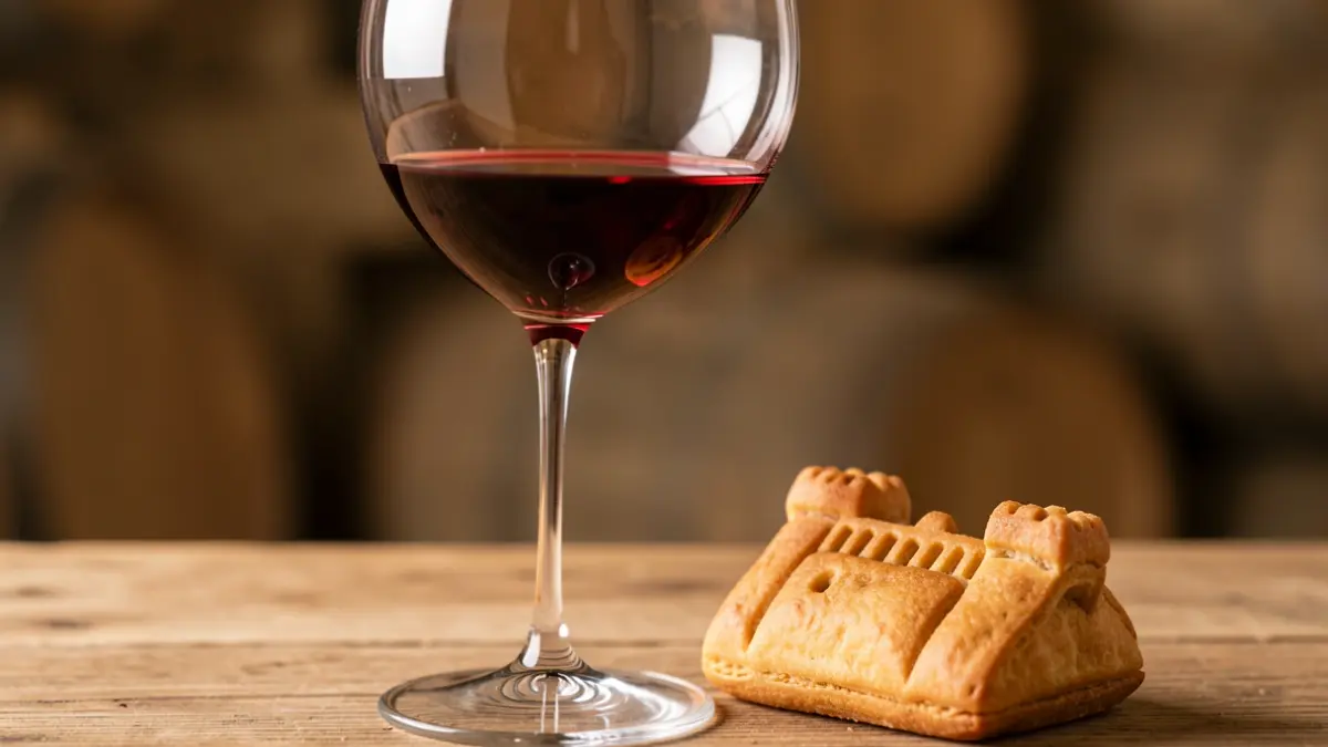 Imagen genérica de una copa de vino tinto junto a un dulce regional con un diseño sutil.