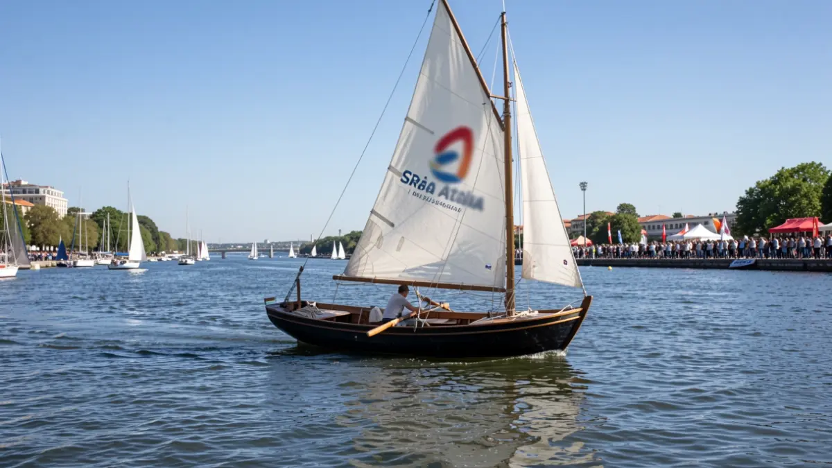 Imagem genérica de uma embarcação tradicional portuguesa a velejar em regata, com um logótipo desfocado nas velas, em ambiente de festival náutico.