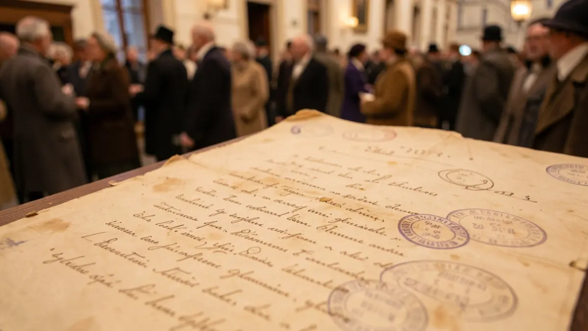 Generic image of an old historical document with faded ink and official stamps, suggesting archival research.