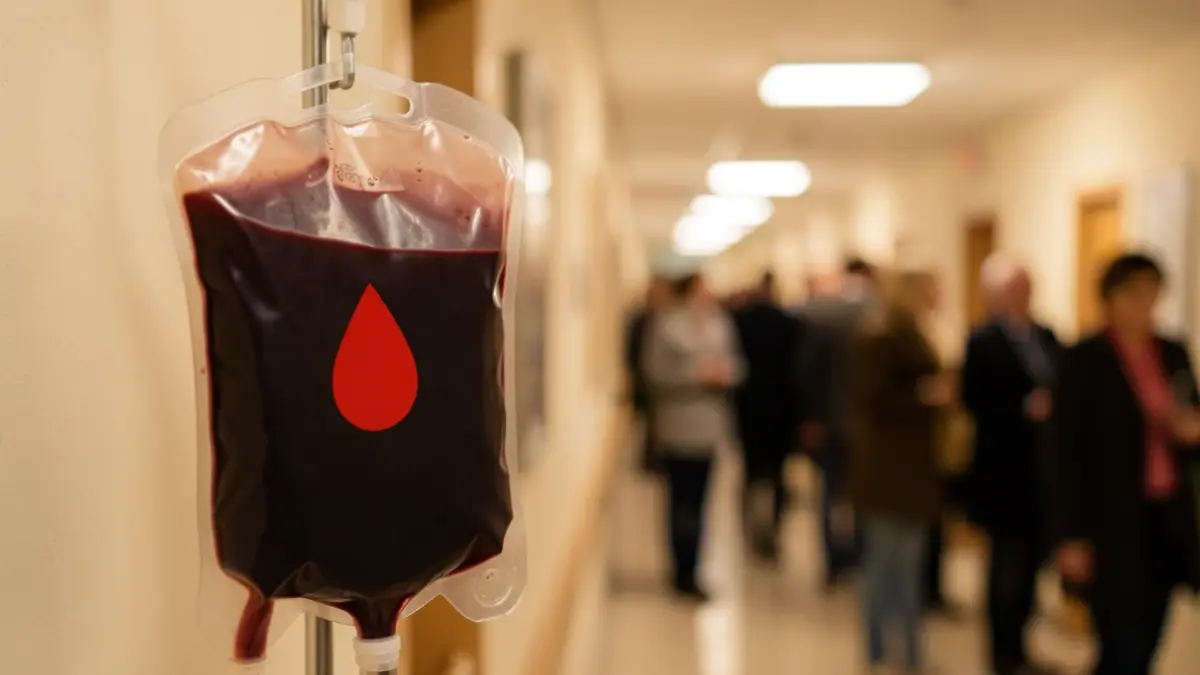Imagem genérica de um saco de sangue com um símbolo de gota vermelha, em fundo desfocado de corredor hospitalar.