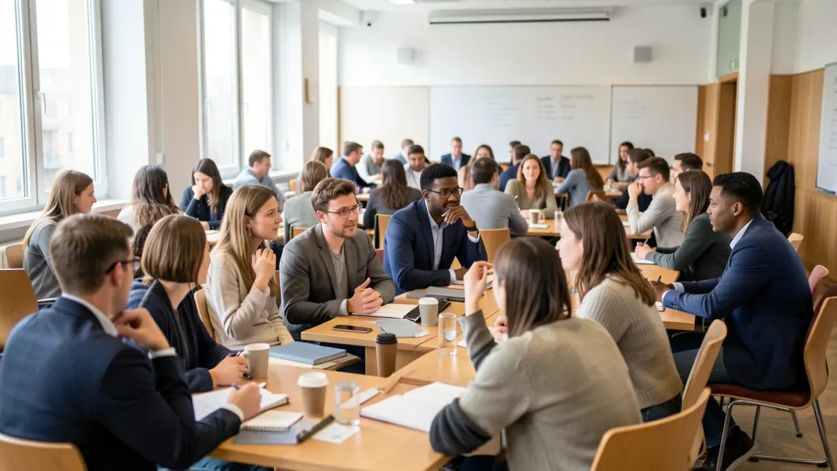 Imagem genérica de um grupo de estudantes e professores numa sala de aula moderna, com foco na colaboração académica.