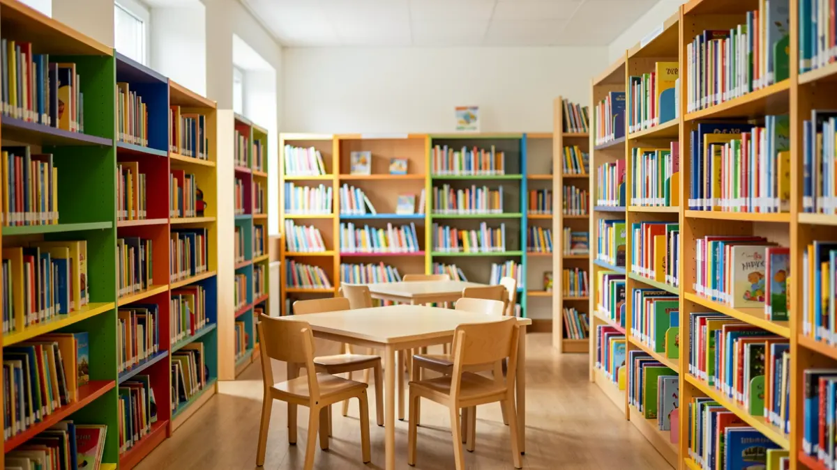Generic image of a modern school library with colorful bookshelves filled with books and natural light.