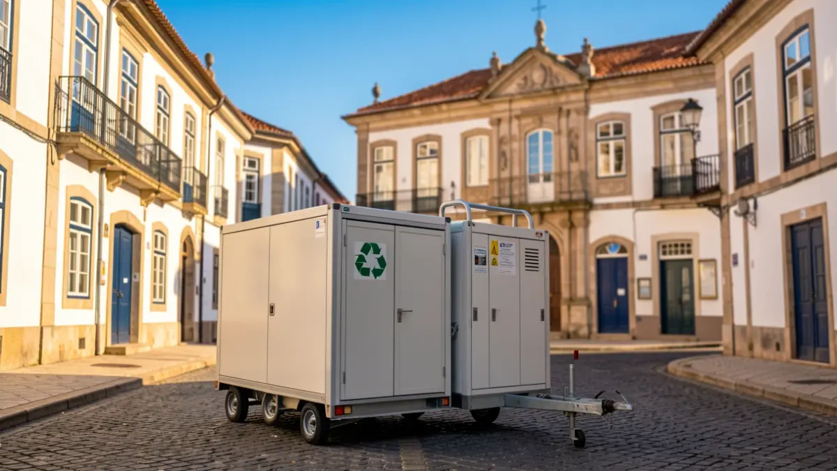 Generic image of a mobile recycling center parked on a street in a Portuguese town, with the facade of a municipal building in the background.