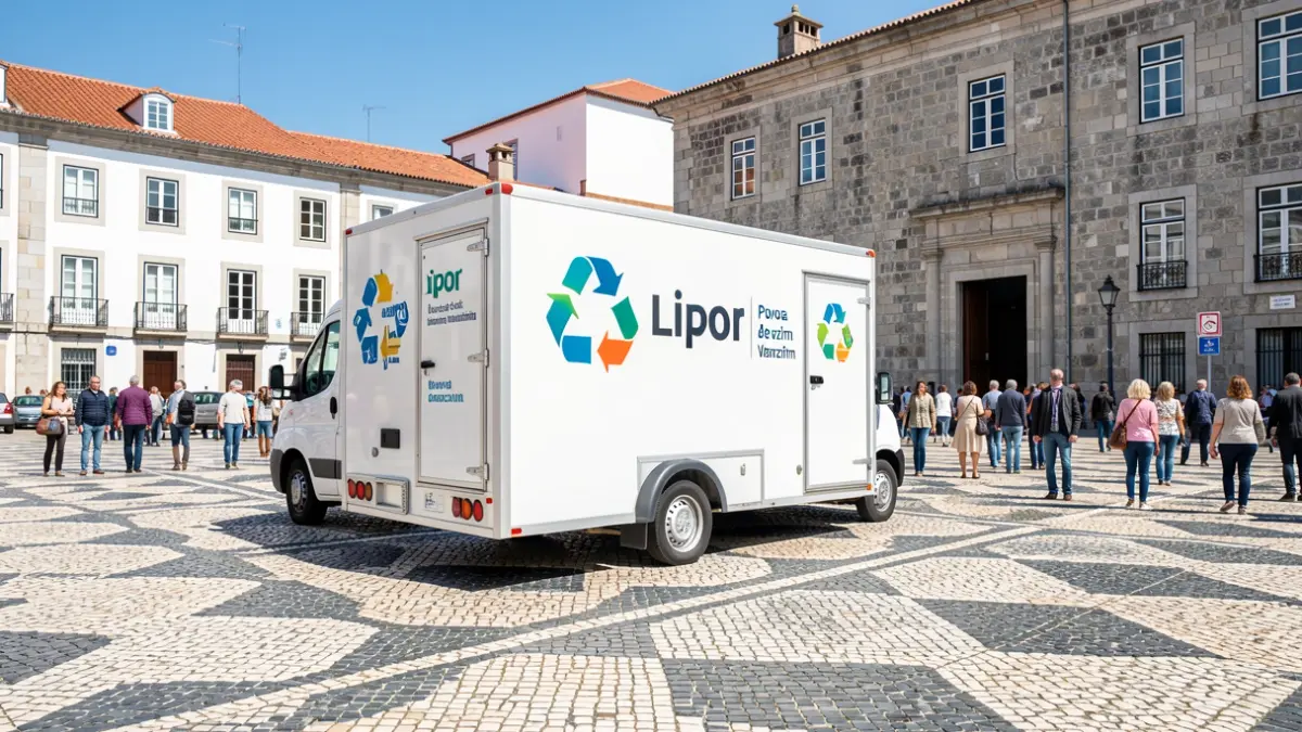 Ecocentro Móvel estacionado en Largo de Santo António, Amorim, con materiales reciclables.