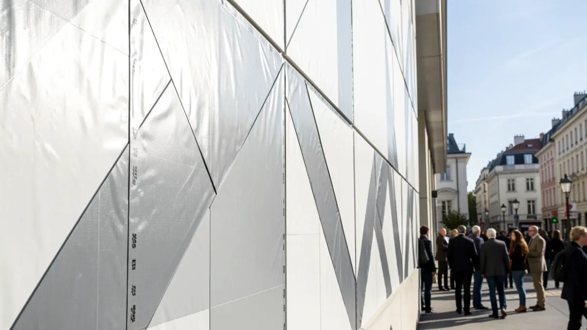Image of a modern building facade with advanced waterproofing membranes.