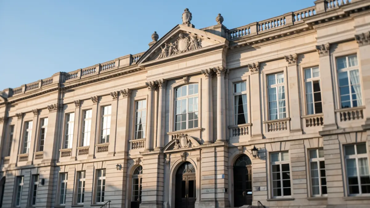 Imagem genérica de uma fachada de edifício universitário português com arquitetura clássica e luz solar suave.
