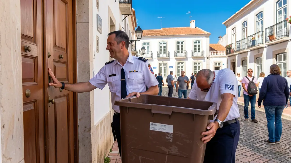 Imagen genérica de una acción de concienciación puerta a puerta en Portimão, con un miembro del equipo entregando un cubo marrón.