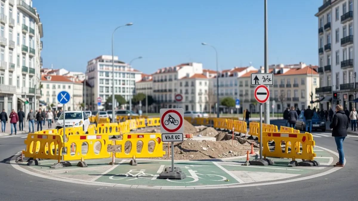 Imagen genérica de una obra de construcción de un carril bici en una rotonda en Lisboa, con señalización temporal y edificios al fondo.
