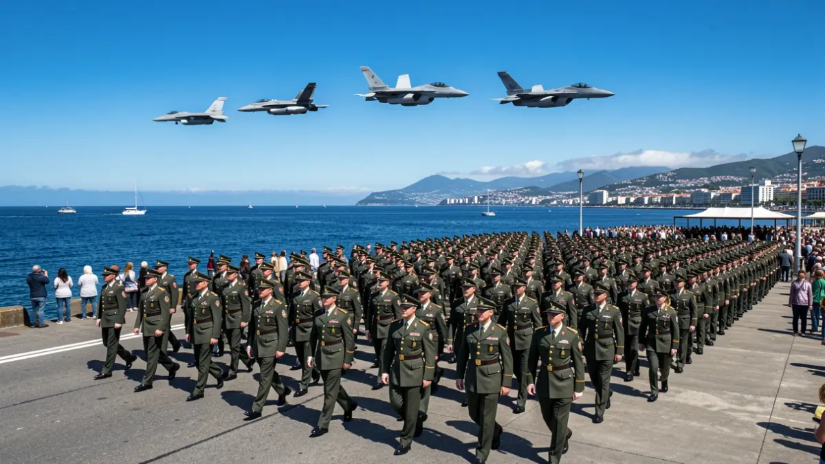Formação militar em parada no Funchal, Madeira, com jatos F-16 a sobrevoar.