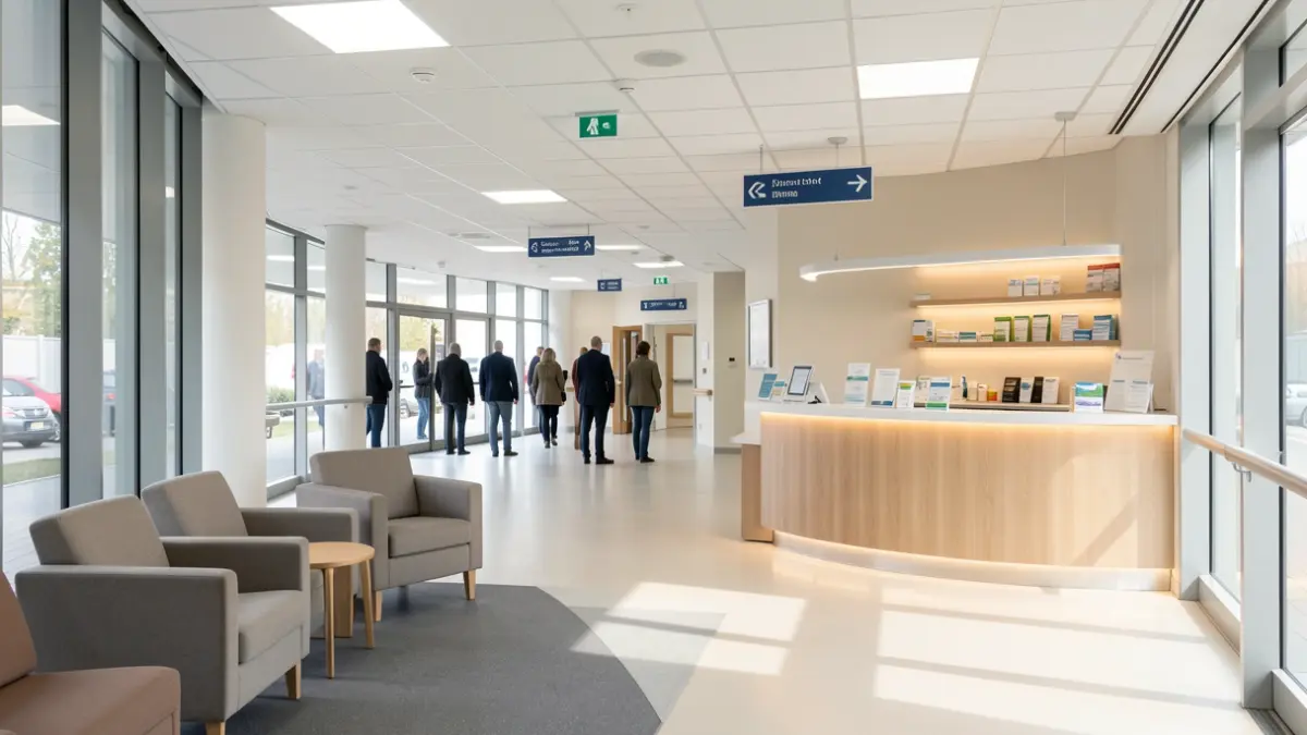 Renovated hospital space with a cafeteria area and a point of sale for useful items.