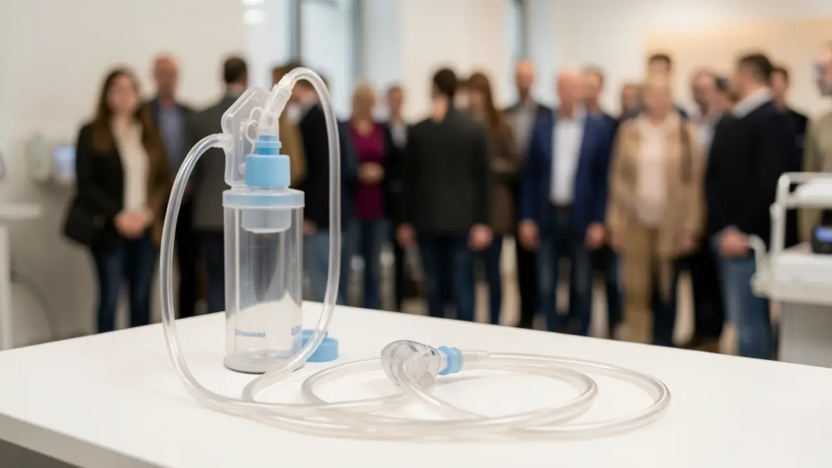 Generic image of medical equipment for respiratory rehabilitation, such as a nebulizer and tubing, on a white surface.