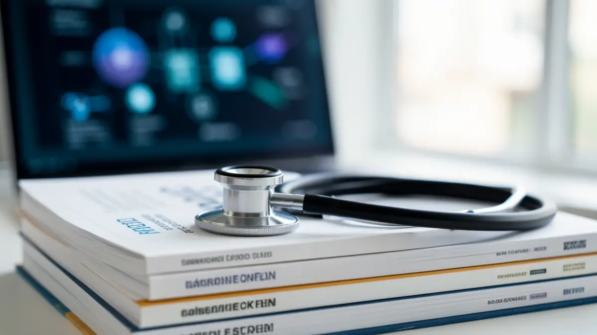 Generic image of a stethoscope on medical journals, with abstract shapes suggesting technology.