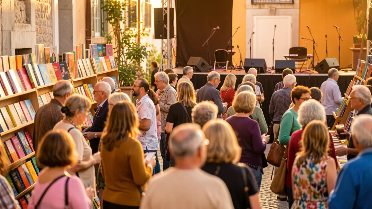 Generic image of a literary event in Portugal, with diverse audience and blurred cultural elements.