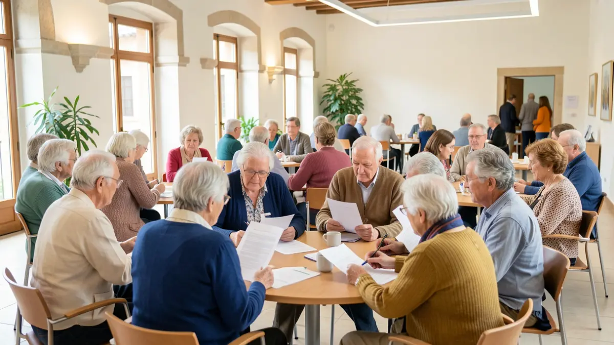 Imagem de um grupo diversificado de idosos a participar ativamente num workshop, com elementos arquitetónicos portugueses subtis ao fundo.