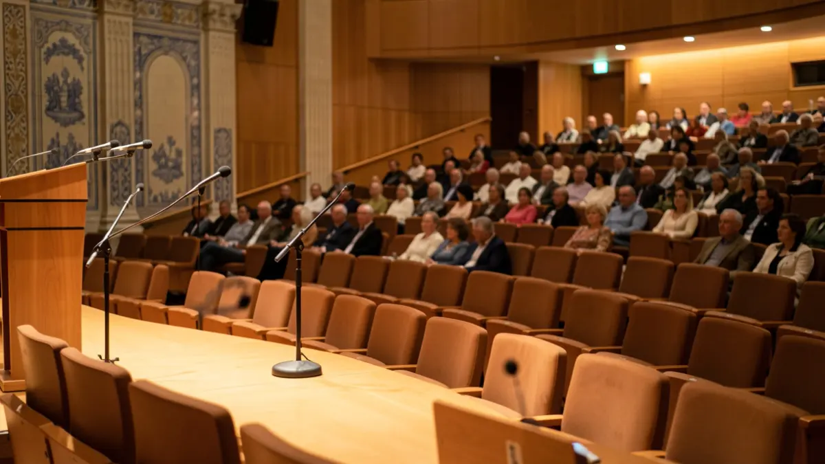 Generic image of an auditorium with empty seats and a stage with microphones.