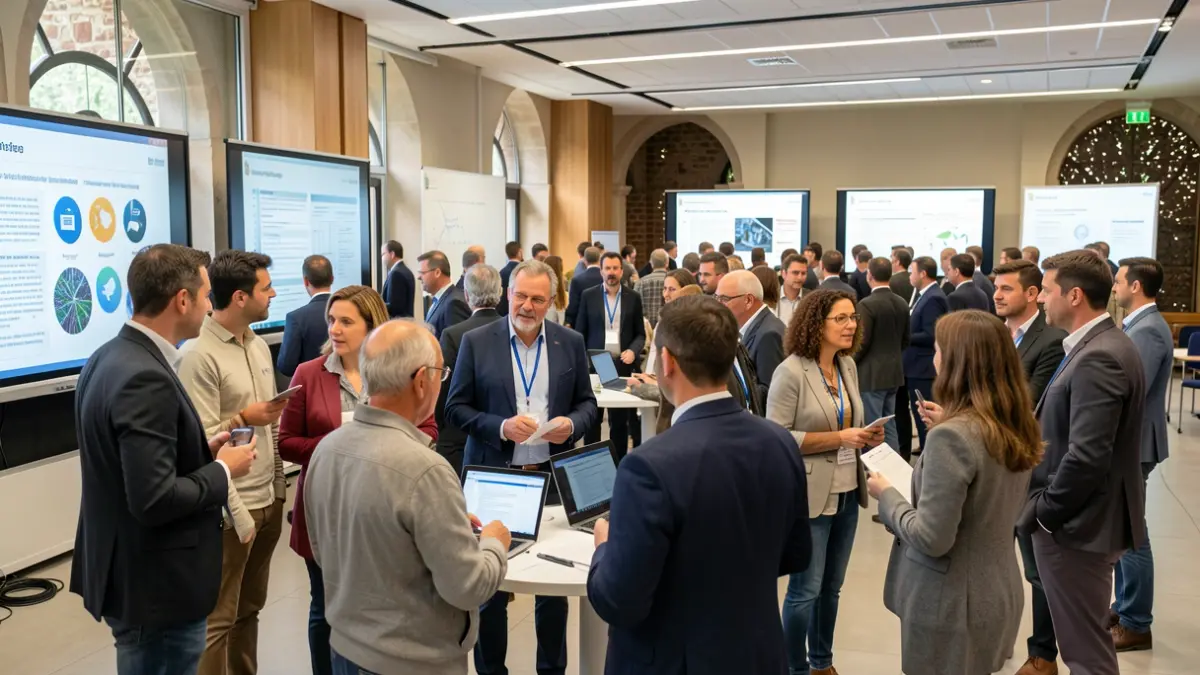 Generic image of a diverse group of professionals gathered in a modern conference hall, with subtle Portuguese architectural elements in the background.