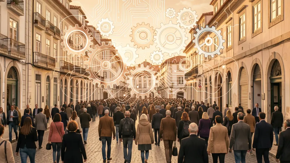 Imagem genérica de engrenagens e elementos de tecnologia com um toque de arquitetura portuguesa.