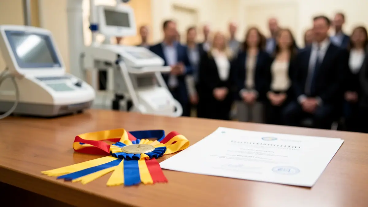 Imagem genérica de uma fita de prémio médico e certificado numa secretária, com equipamento médico desfocado ao fundo.