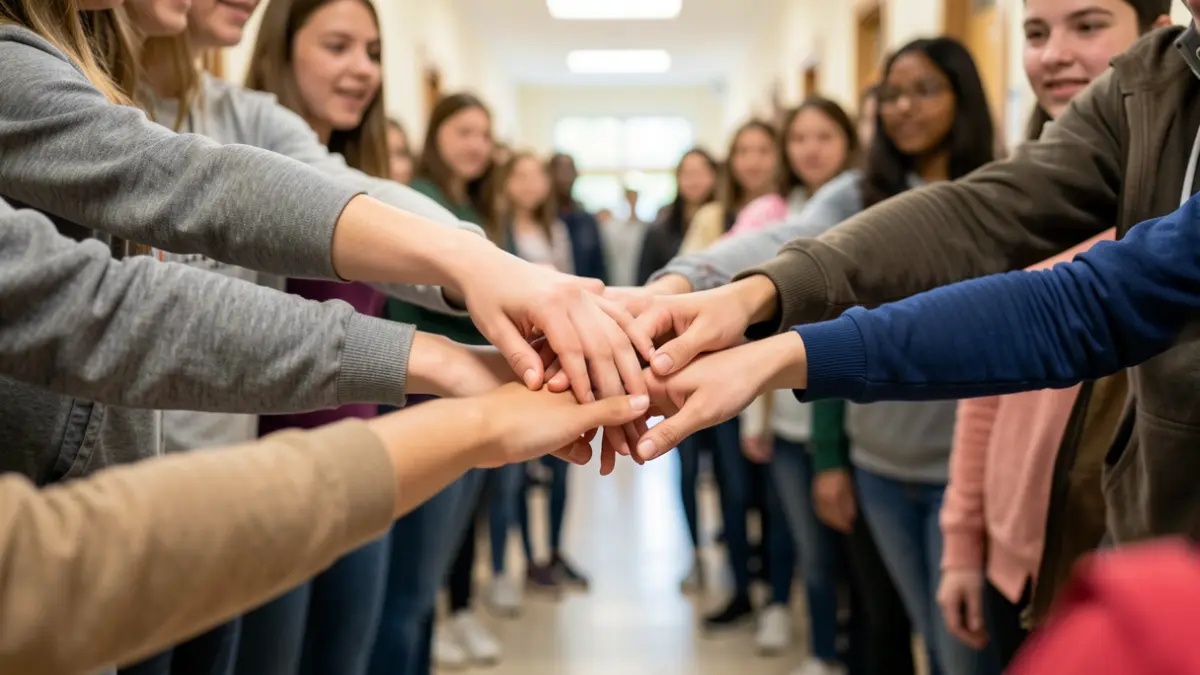 Generic image of young people's hands coming together against bullying.