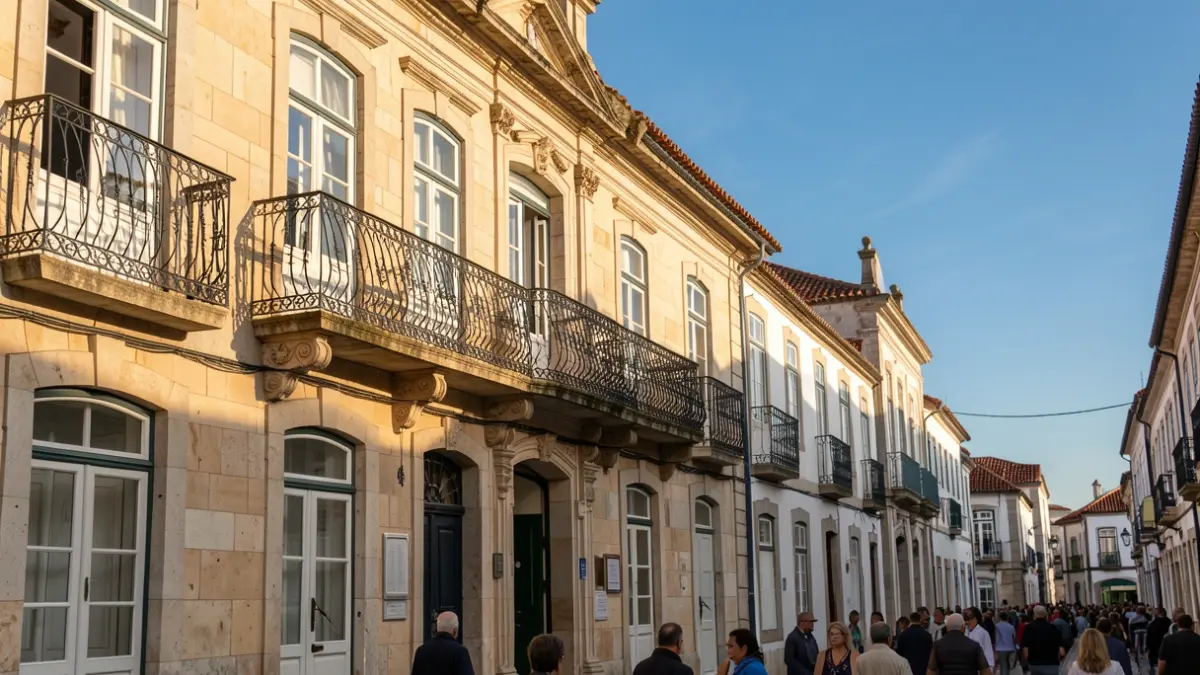 Imagem genérica de uma fachada de edifício público português com varanda ornamentada e iluminação solar de fim de tarde.