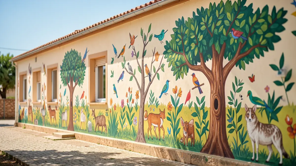 Generic image of a colorful mural depicting regional fauna and flora on an exterior school wall.