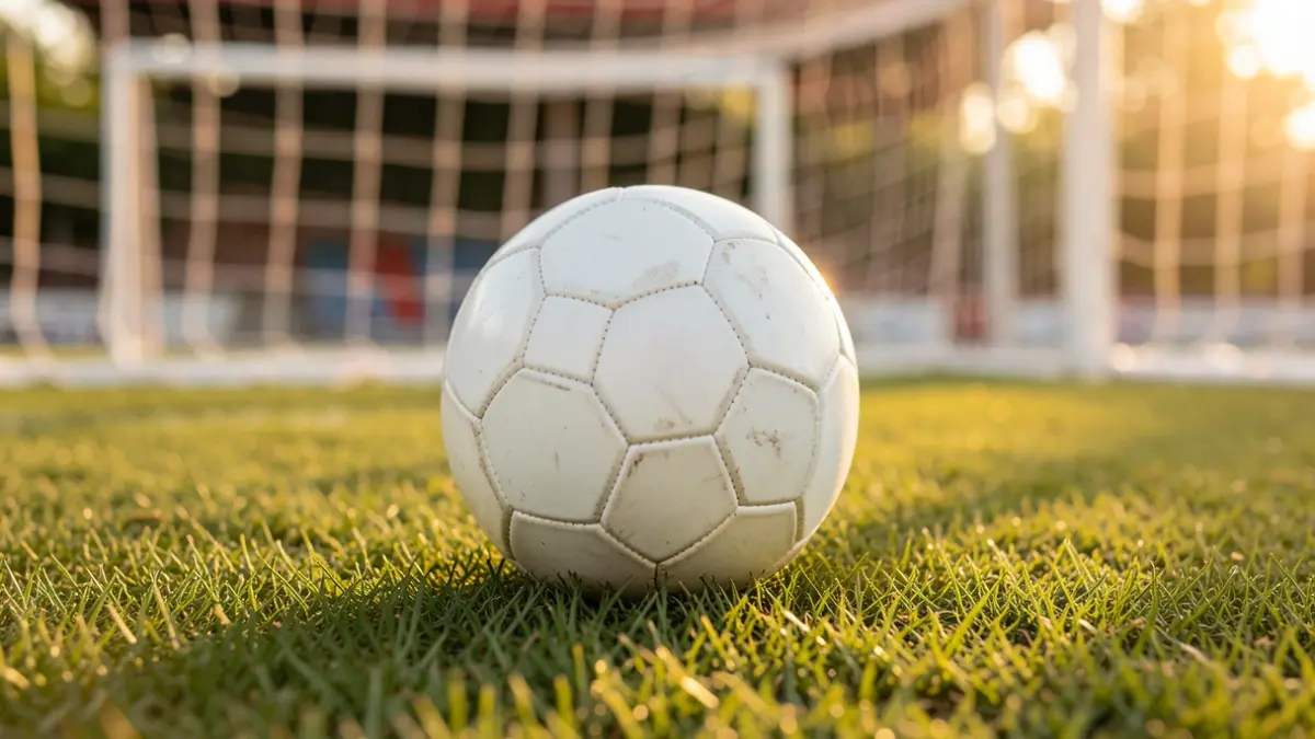 Imagem genérica de uma bola de futebol num relvado com a baliza desfocada ao fundo.