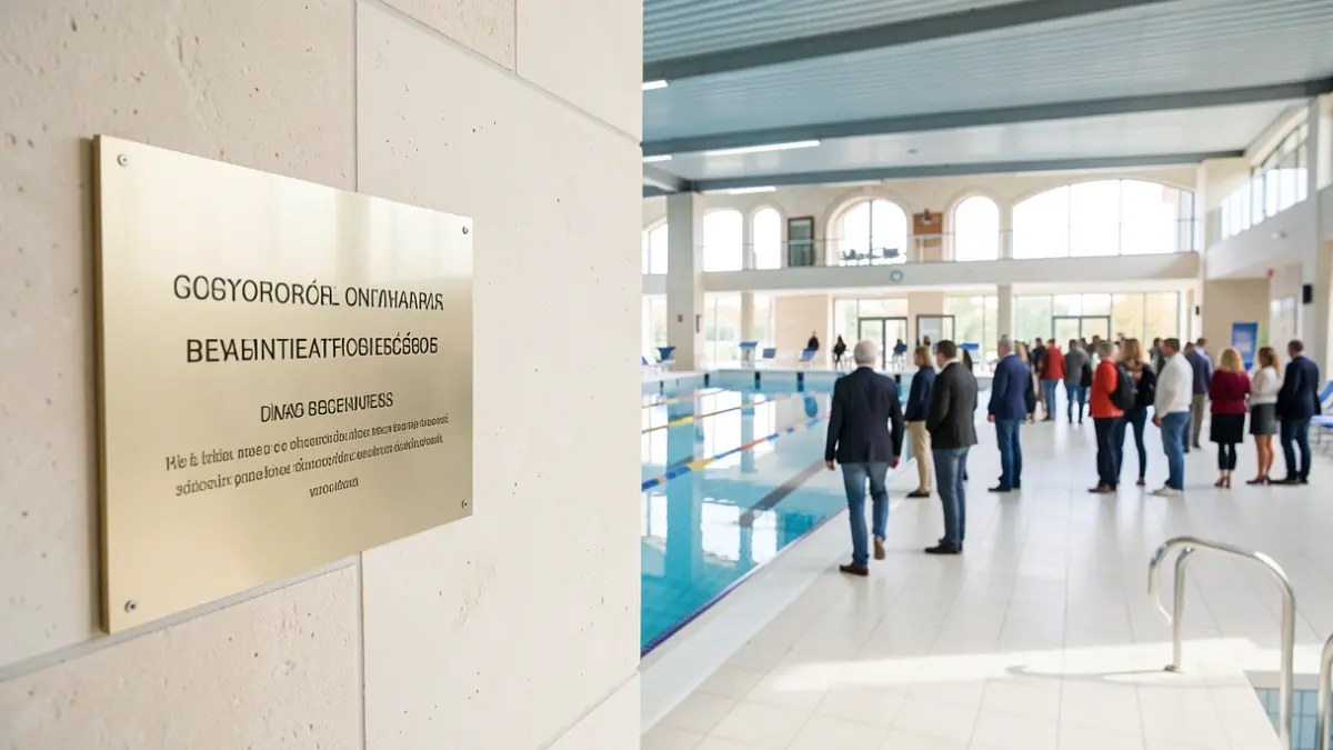 Generic image of an official plaque being affixed to the wall of a modern indoor swimming pool complex, symbolizing an award or certification.