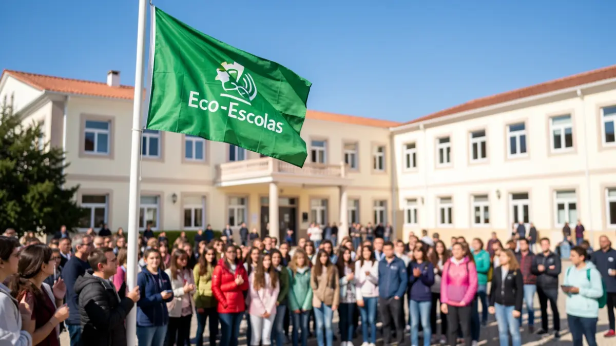 Imagen genérica de una bandera verde Eco-Escolas siendo izada frente a una escuela portuguesa, con gente observando.